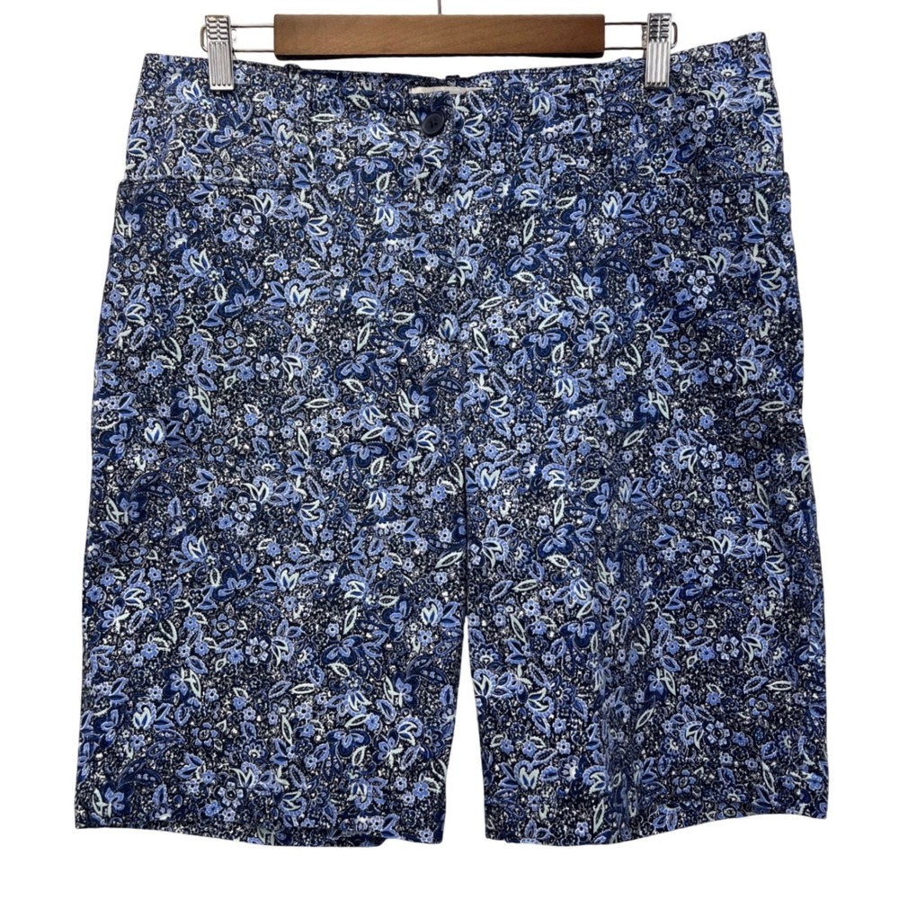 Talbots Floral Paisley Bermuda Shorts Womens 12 Blue White Cotton Stretch Chino